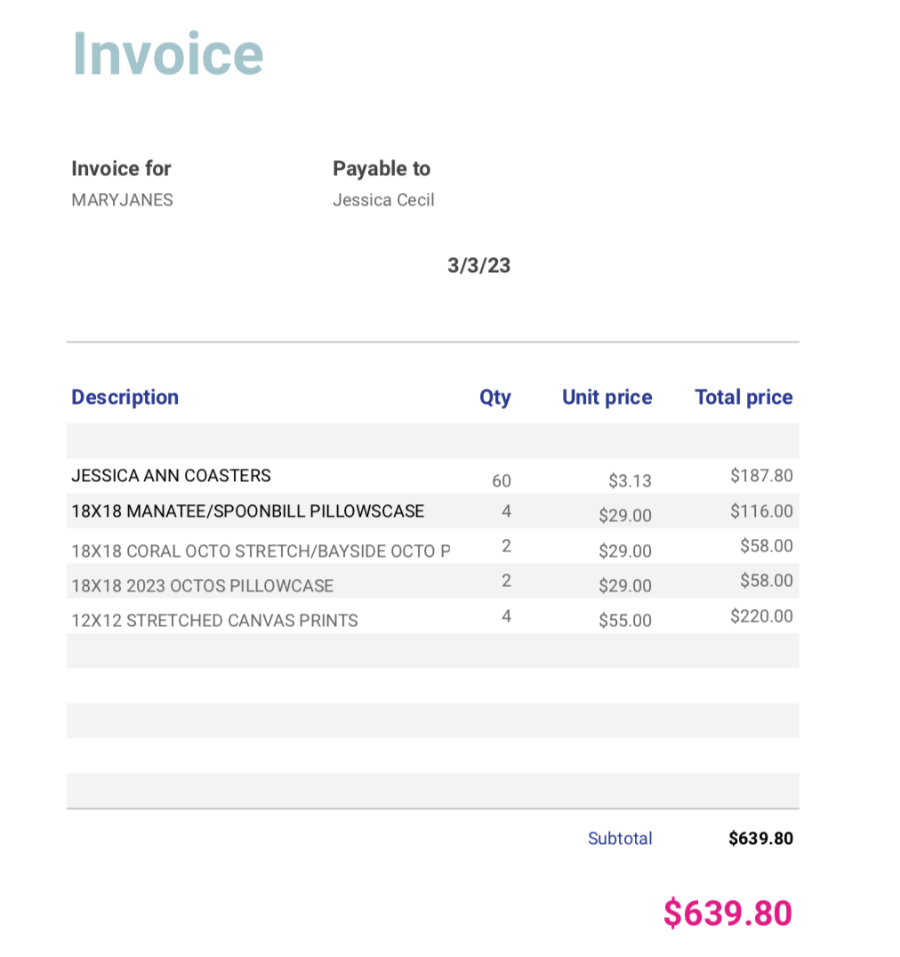 MARYJANES 3/3/23 INVOICE WHOLESALE