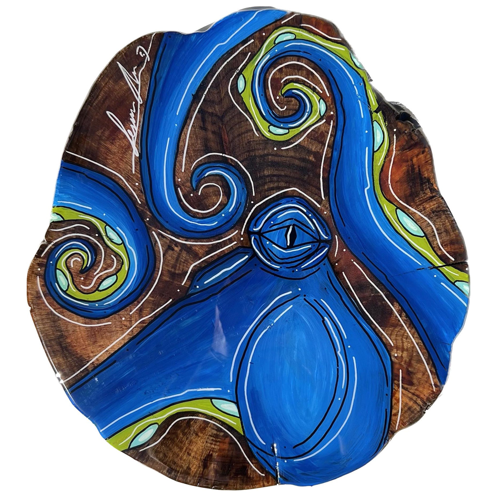 Dark Blue Octo - Live Edge Wood Round 10.5" x 12"