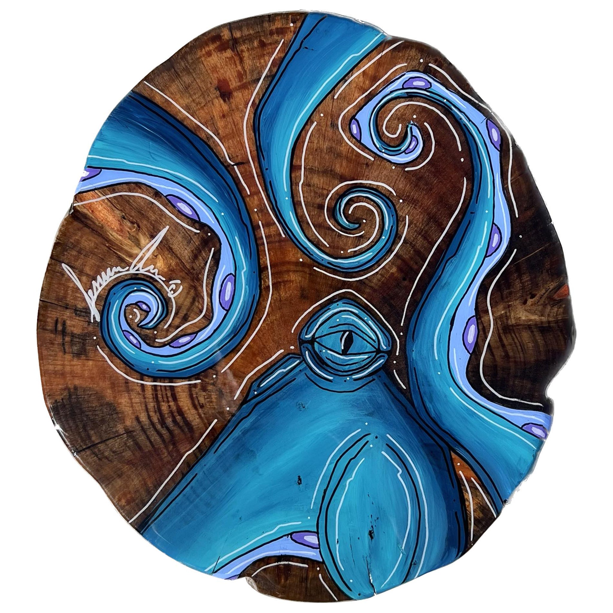 Light Blue Octo - Live Edge Wood Round 10.5" x 11.5"