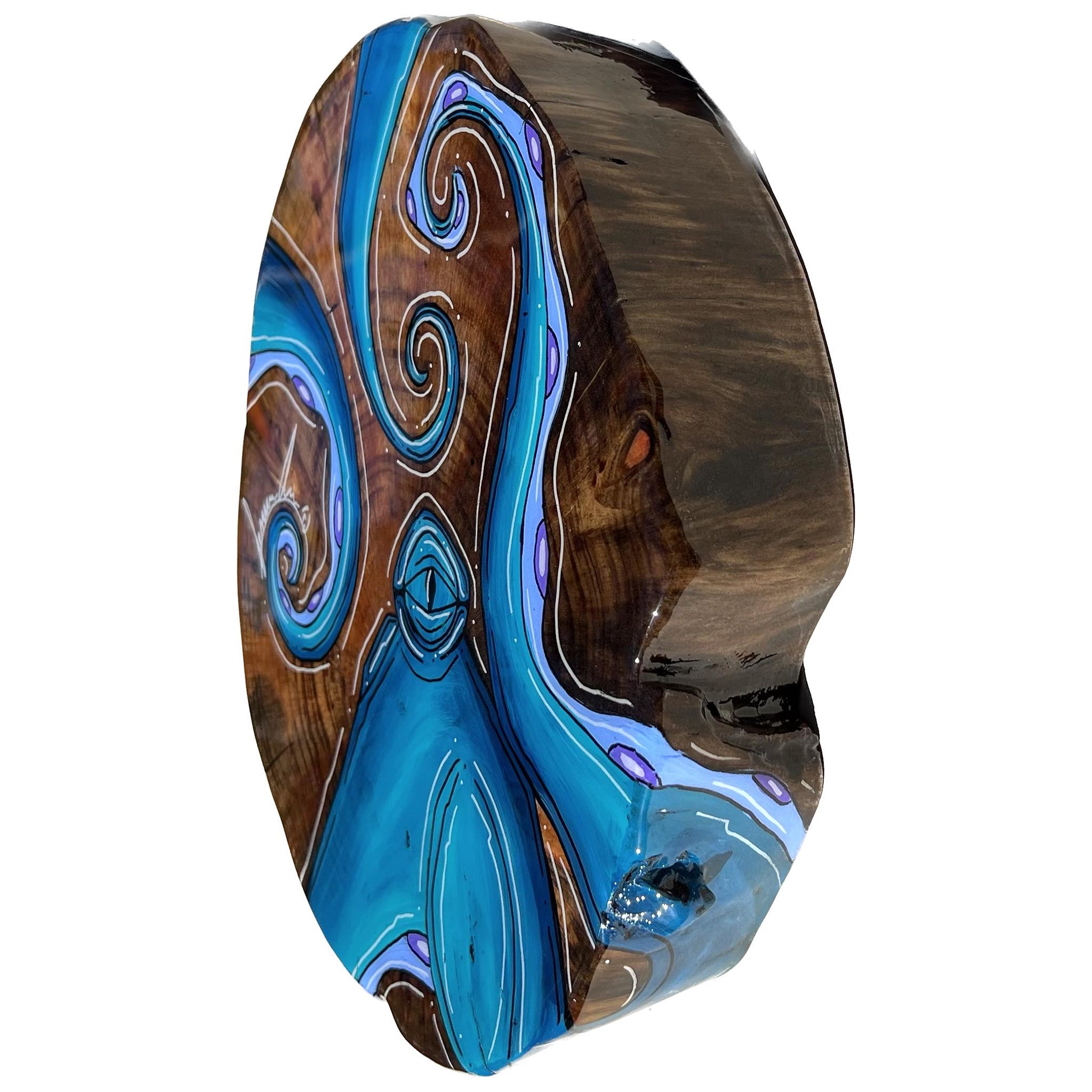 Light Blue Octo - Live Edge Wood Round 10.5" x 11.5"