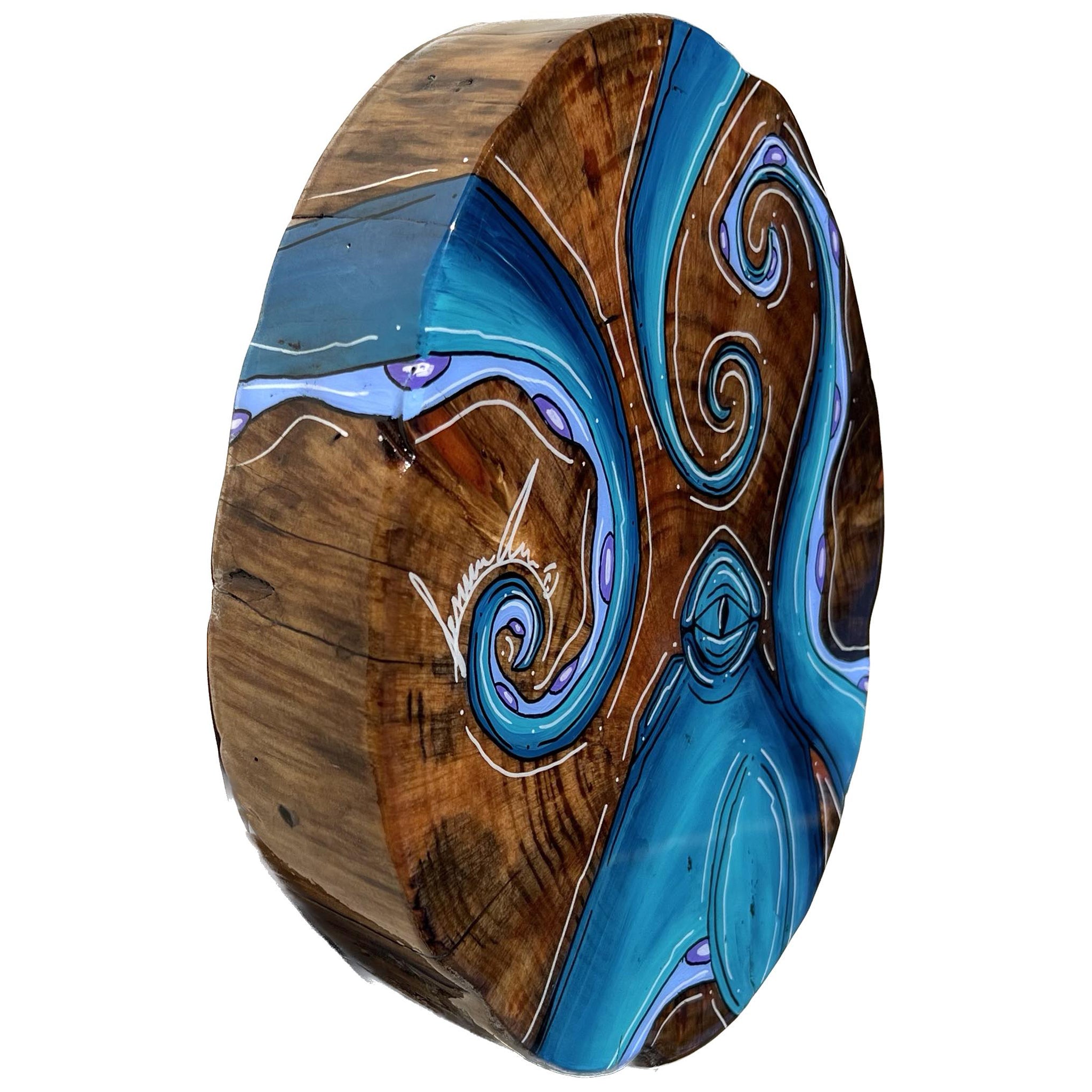 Light Blue Octo - Live Edge Wood Round 10.5" x 11.5"