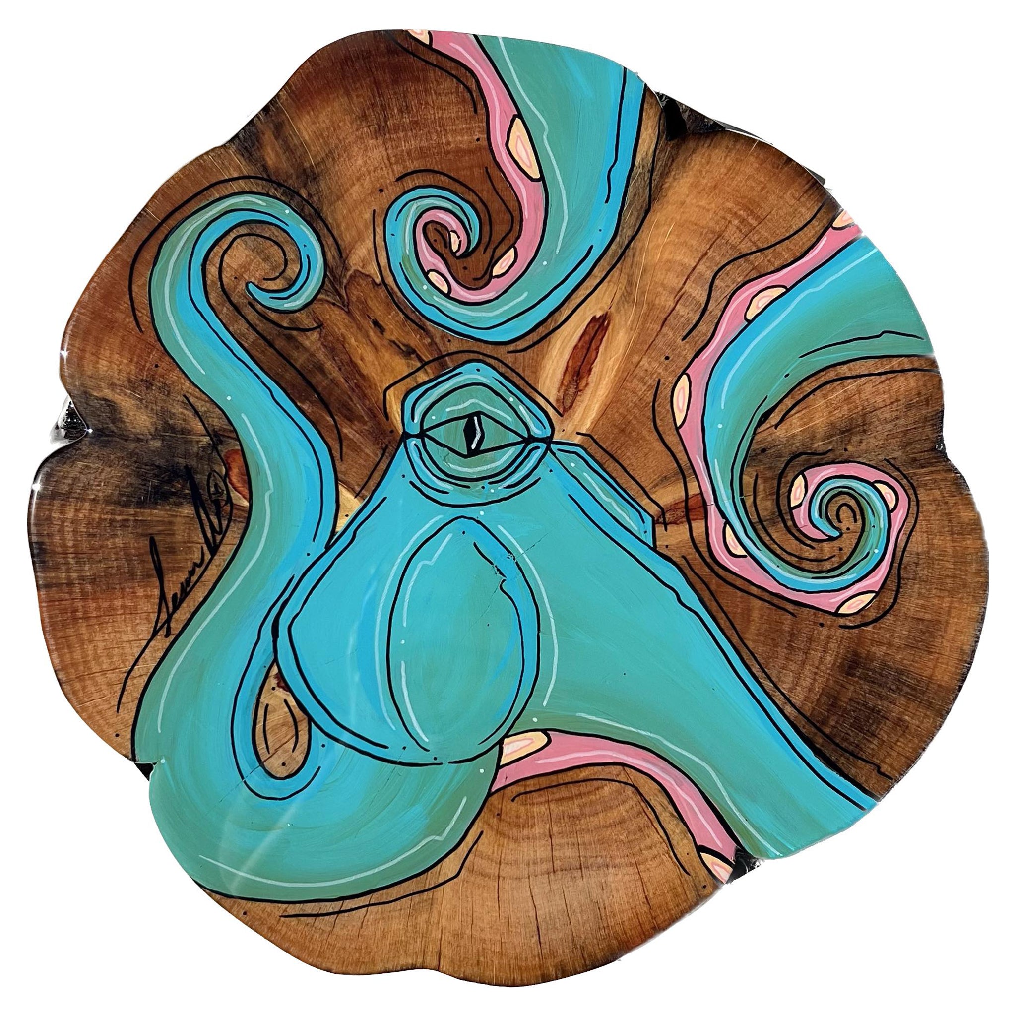 Teal Octo Live Edge Wood Round 12" x 12"
