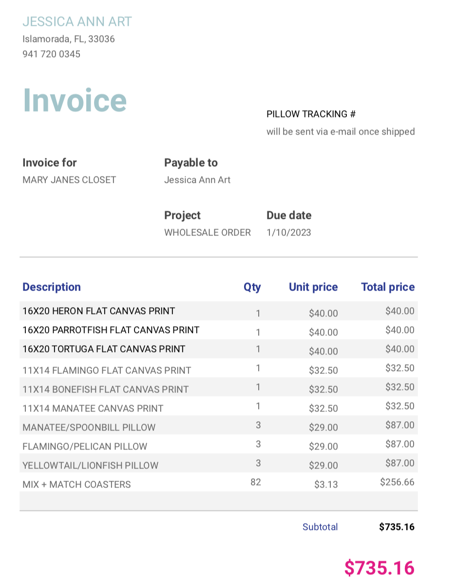 MARY JANES INVOICE  1-11-23