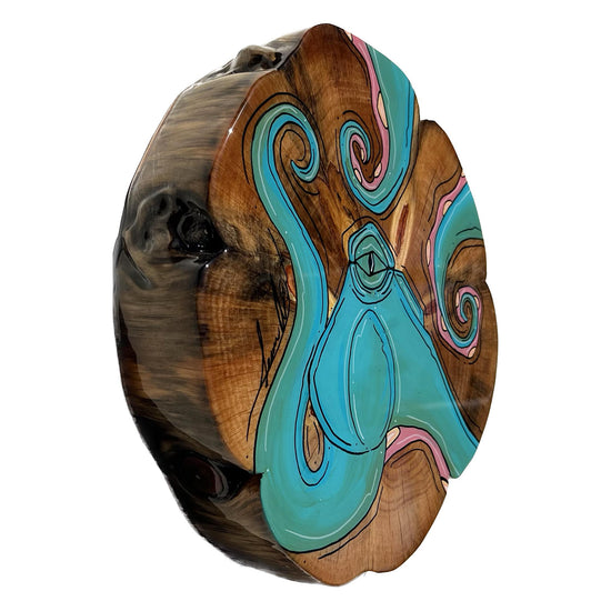 Teal Octo Live Edge Wood Round 12" x 12"